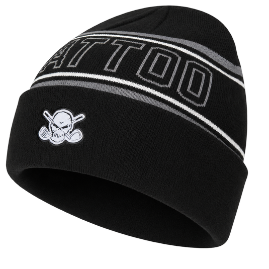 Detail of TATTOO lettering, grey stripes and a skull patch on a black beanie.