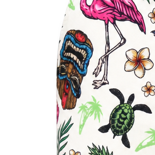 Close-up of the Tiki shorts print showing a pink flamingo, colorful tiki mask, green turtle and tropical flowers.