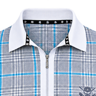 Close-up of a grey and blue plaid polo showing its white collar, zip placket and black patterned inner neck trim.