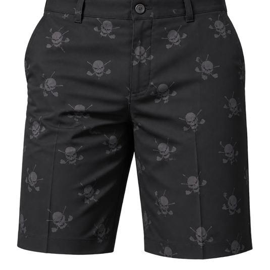 Front detail of black golf shorts with an all-over grey skull print.