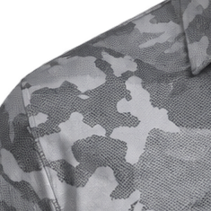 Detail of a grey camouflage polo's shoulder seam and fabric.