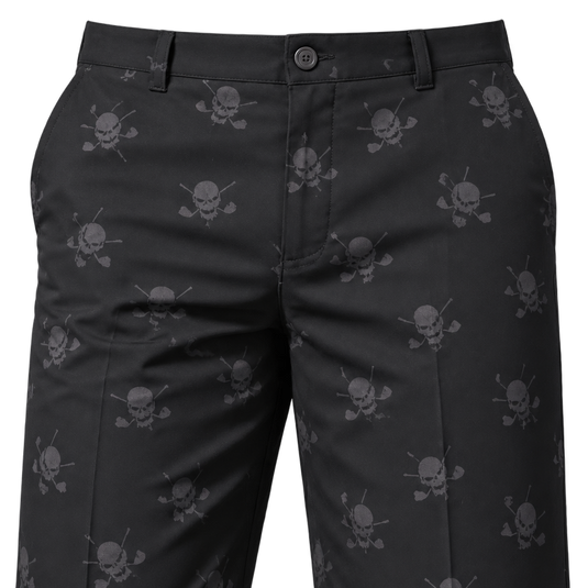 Close-up of the button waist, belt loops and front fly on black skull-print golf shorts.