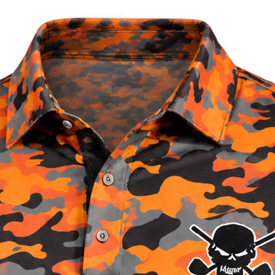 Close-up of the collar and button placket on an orange, grey and black camouflage golf polo.