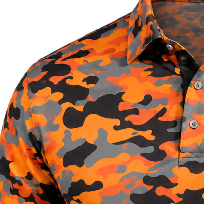 Detail of the shoulder seam, collar and orange camouflage pattern on a golf polo.