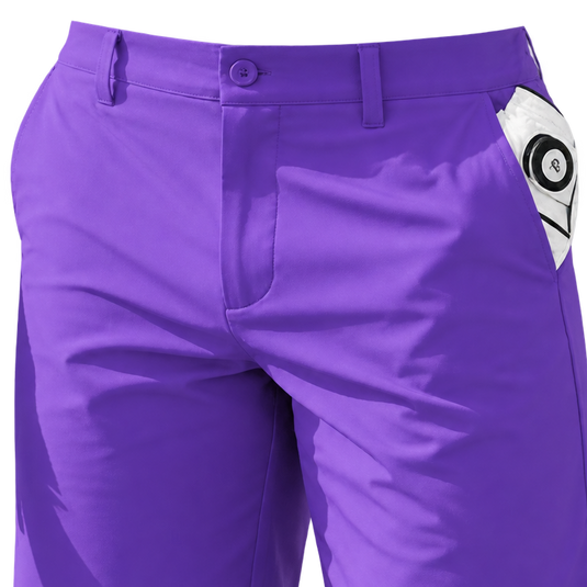 Close-up of purple golf shorts showing the button waist, belt loops and a white glove tucked into a pocket.