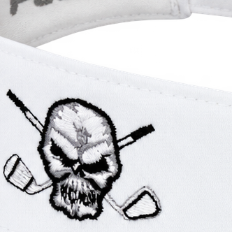 Close-up of the embroidered skull-and-crossed-clubs logo on a white visor.