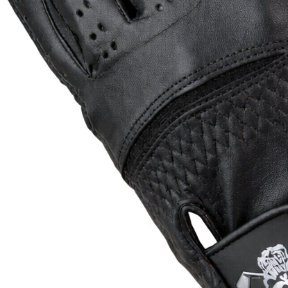 Detail of a black glove's stitched and textured back panel.