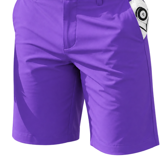 Close-up of the lower front of purple golf shorts, showing the fabric folds and hems.
