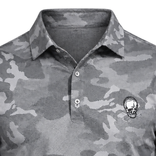 Close-up of the collar, button placket and skull chest logo on a grey camouflage polo.