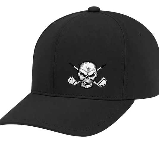 Angled front view of a black skull-logo cap.
