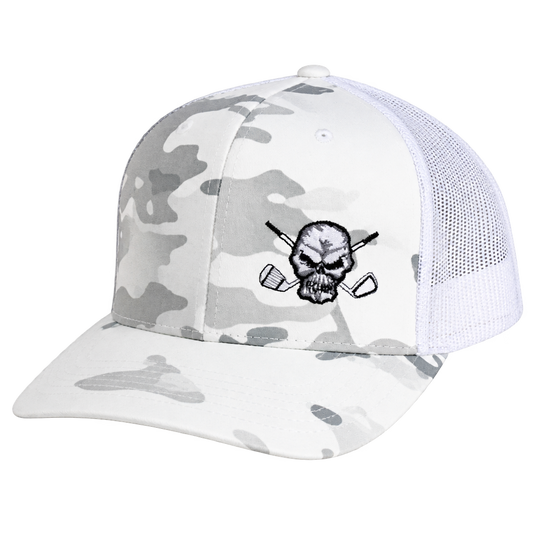 Angled view of a white camouflage skull-logo cap with white mesh sides.