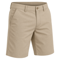 Plain khaki shorts with a button waist and angled pockets, shown for comparison.