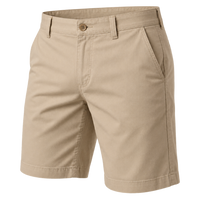 Plain khaki shorts with a button waist and angled front pockets, shown for comparison.