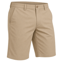 Plain khaki shorts with a button waist and angled pockets, shown for comparison.