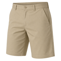 Plain khaki shorts with a button waist and angled front pockets, shown for comparison.