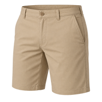 Plain khaki shorts with a button waist and angled pockets, shown for comparison.