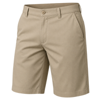 Plain khaki shorts with a button waist and angled pockets, shown for comparison.