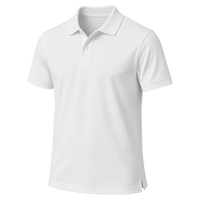 Front view of a plain white short-sleeve polo shirt against a dark background.