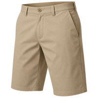 Plain khaki shorts with a button waist and angled pockets, shown for comparison.
