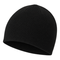 Plain black knit beanie shown for comparison.