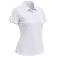 Plain white short-sleeve women's polo shown for comparison.