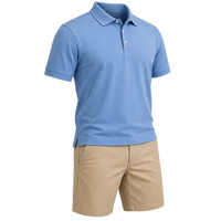 Plain blue polo and beige shorts shown for comparison.