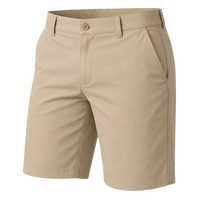 Plain khaki shorts with a button waist and angled pockets, shown for comparison.