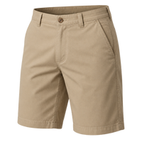 Front view of plain beige shorts with a button closure, belt loops, and angled front pockets.