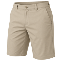 Plain khaki shorts with a button waist and angled pockets, shown for comparison.