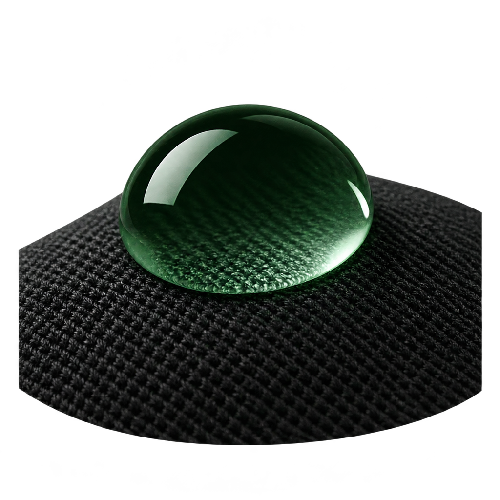 Illustration of a green-tinted water droplet on black fabric.