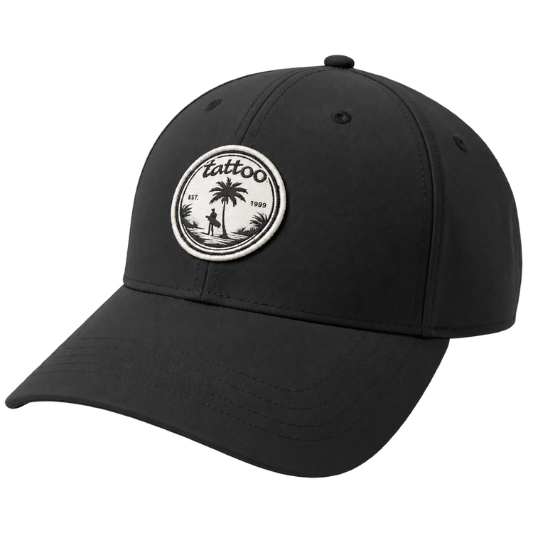 Black curved-brim cap with a round Tattoo palm-tree patch.