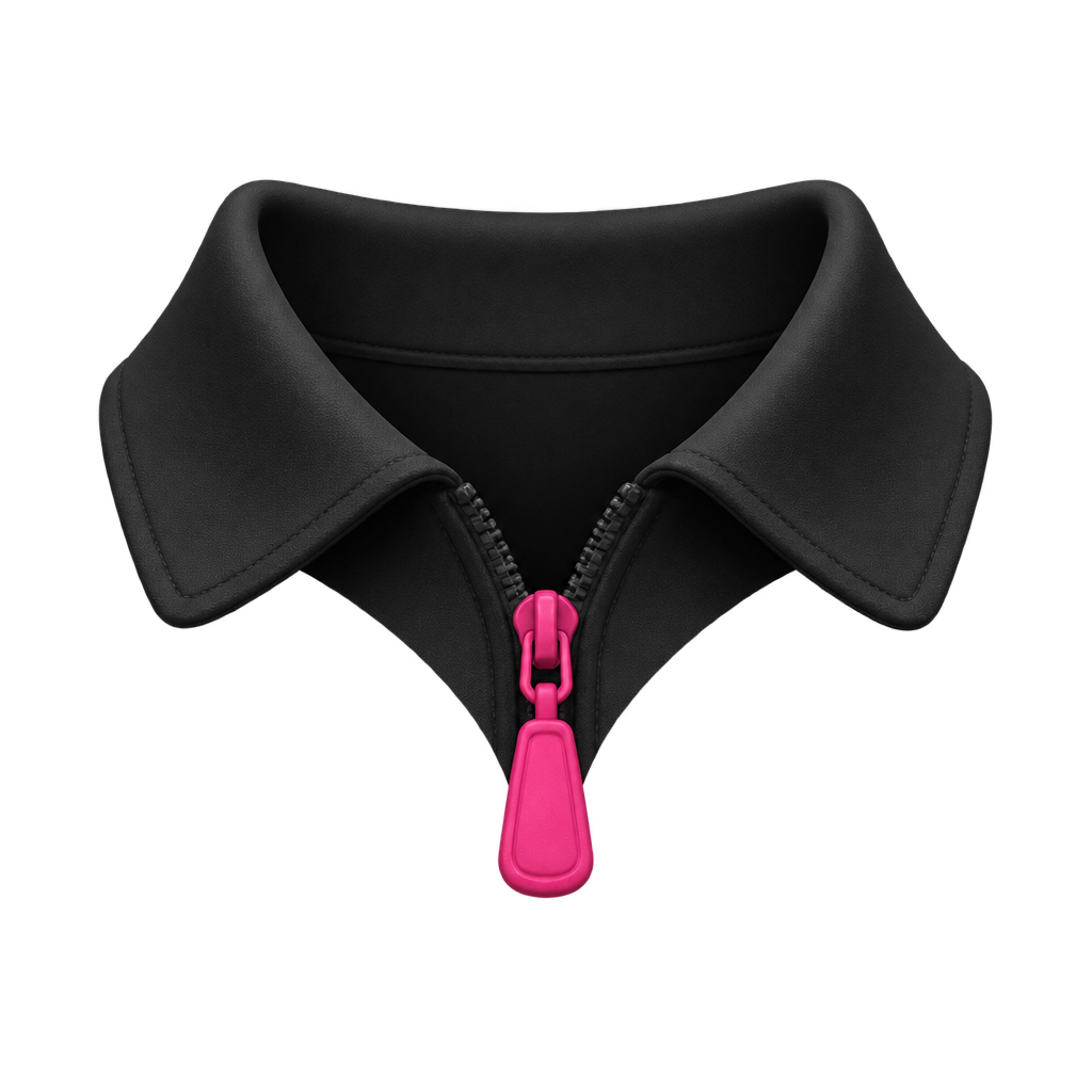 Illustration of a black shirt collar with a pink zipper pull.