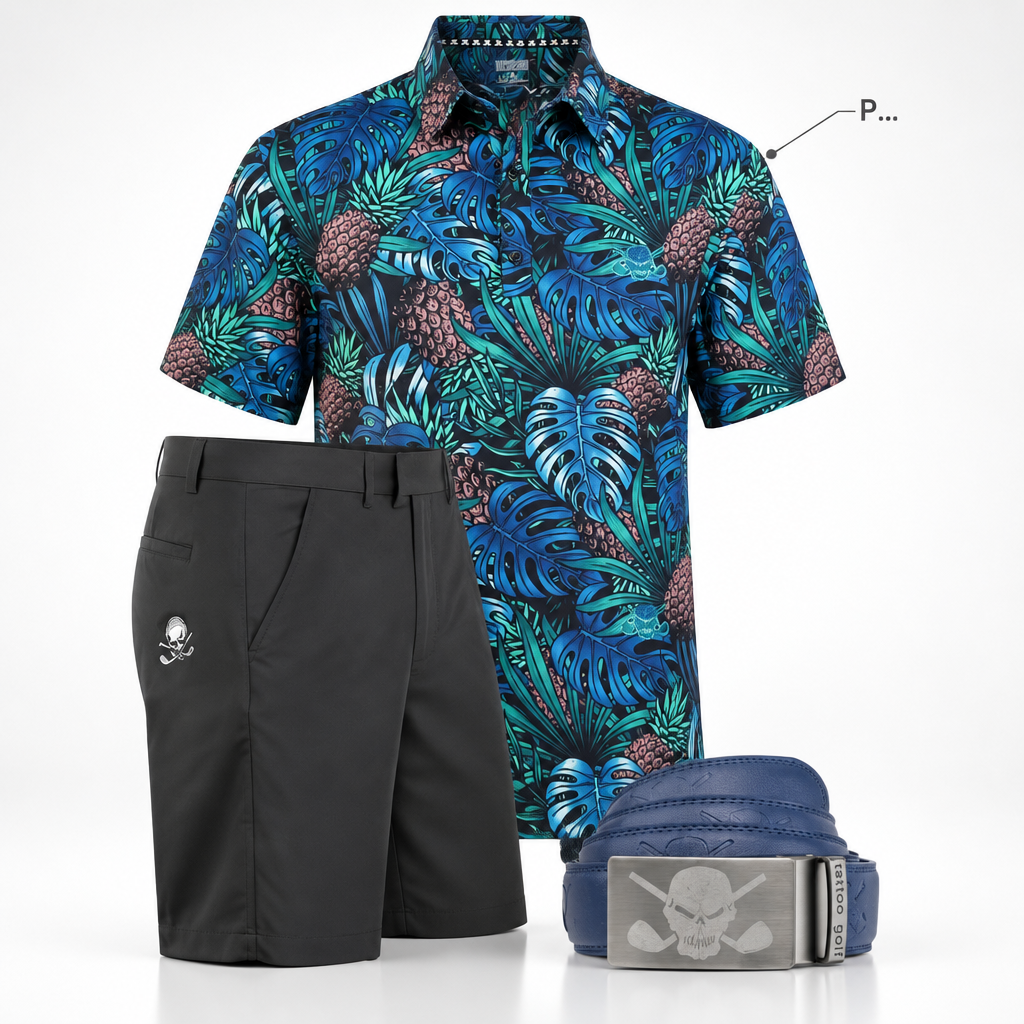 Tropical-print polo, charcoal shorts and navy belt graphic with an incomplete annotation.