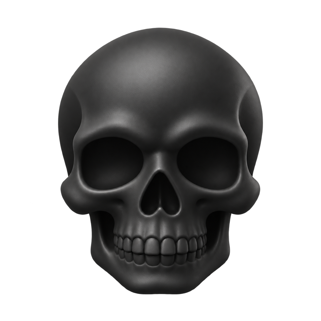 Black skull illustration against a dark background.