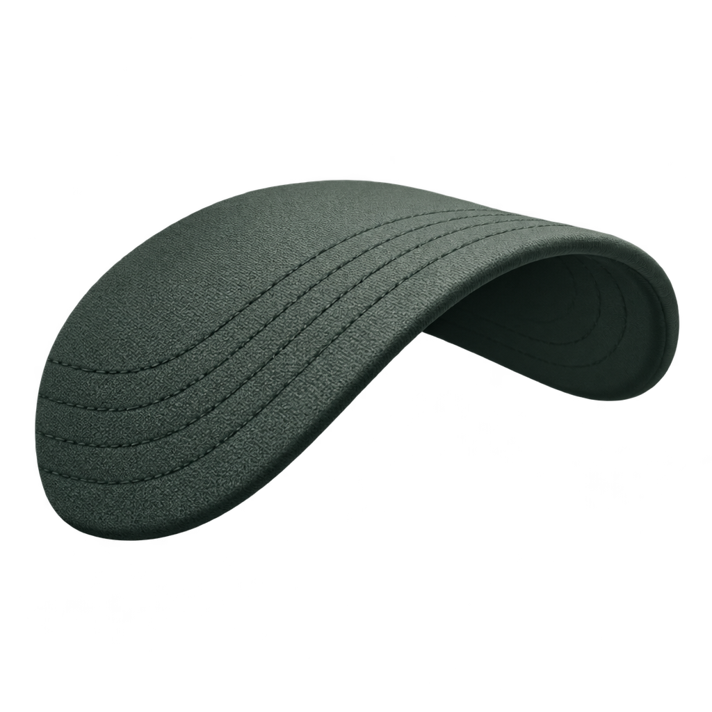 Illustration of a curved green cap brim with parallel stitching.