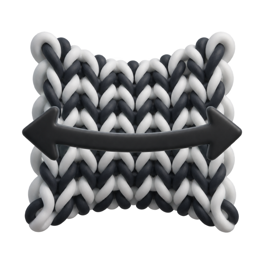 Illustration of knitted fabric with a horizontal double-headed arrow showing sideways stretch.