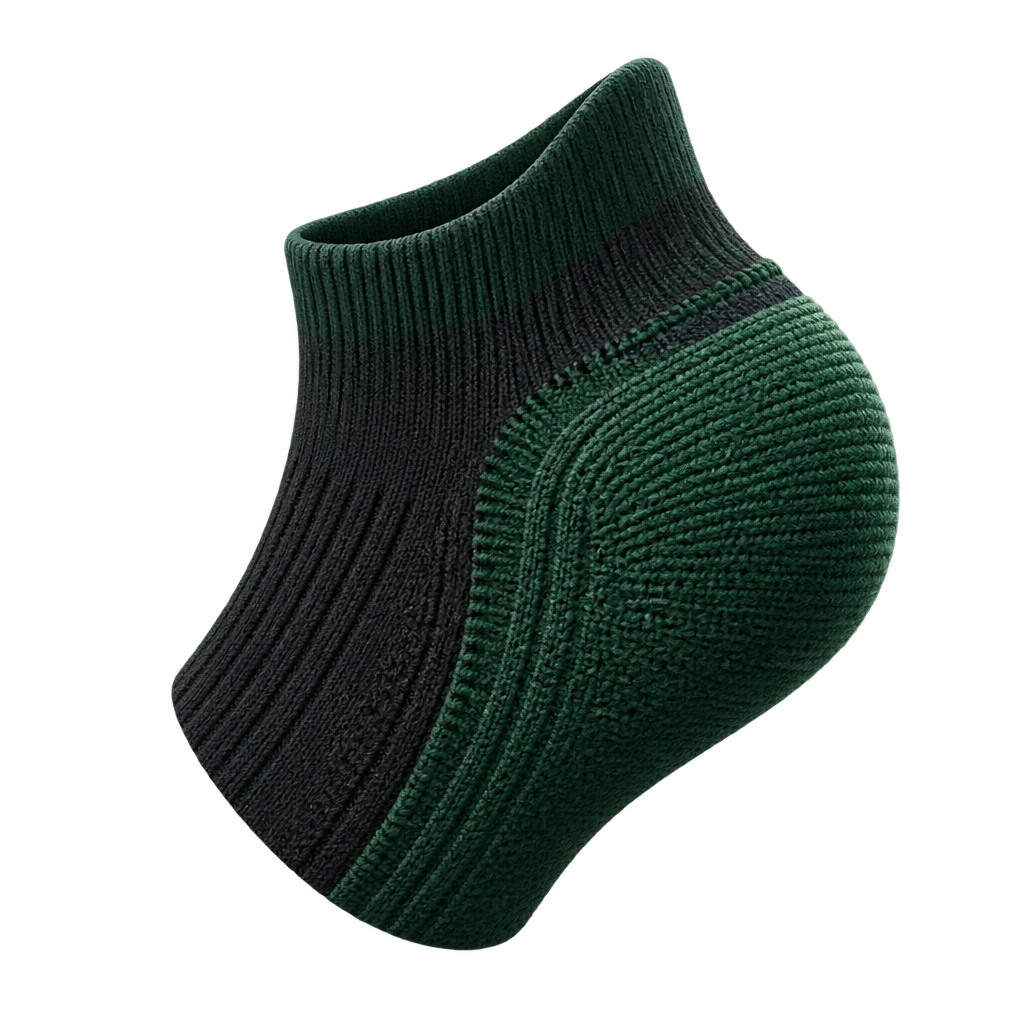 Illustration of a dark sock heel with green textured panels.