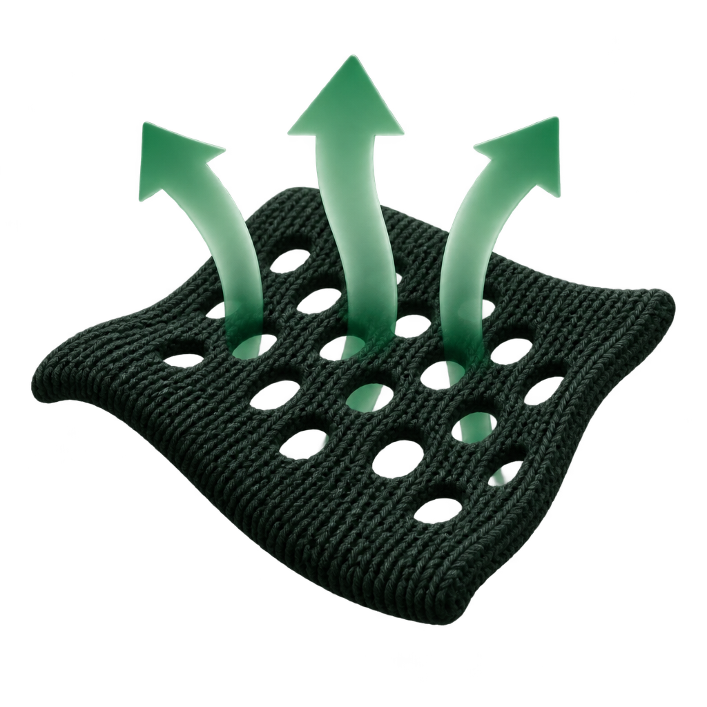 Illustration of three green arrows rising through a perforated dark fabric swatch.