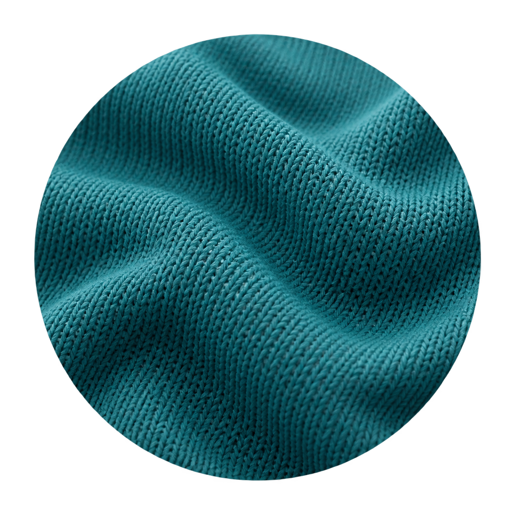 Illustration of a softly folded teal knitted swatch.