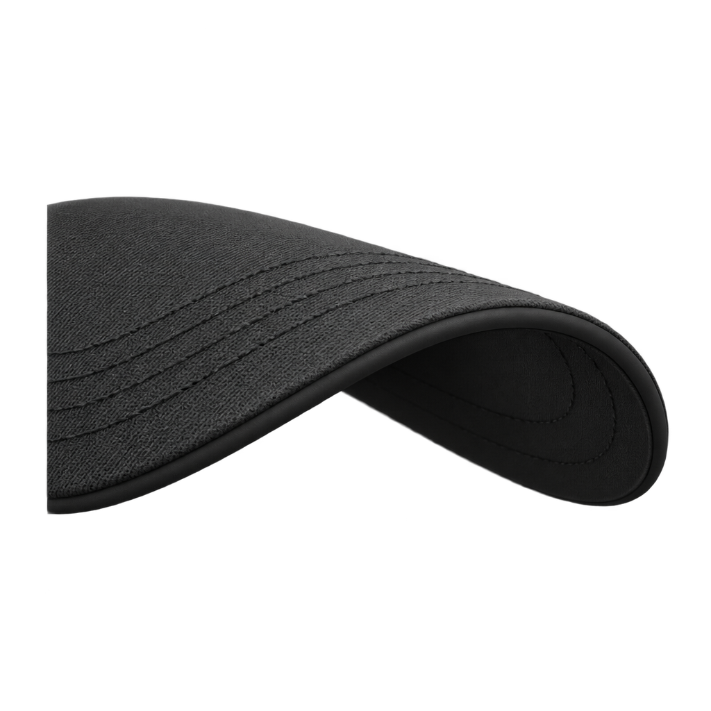 Illustration of a curved black cap brim with parallel stitching.