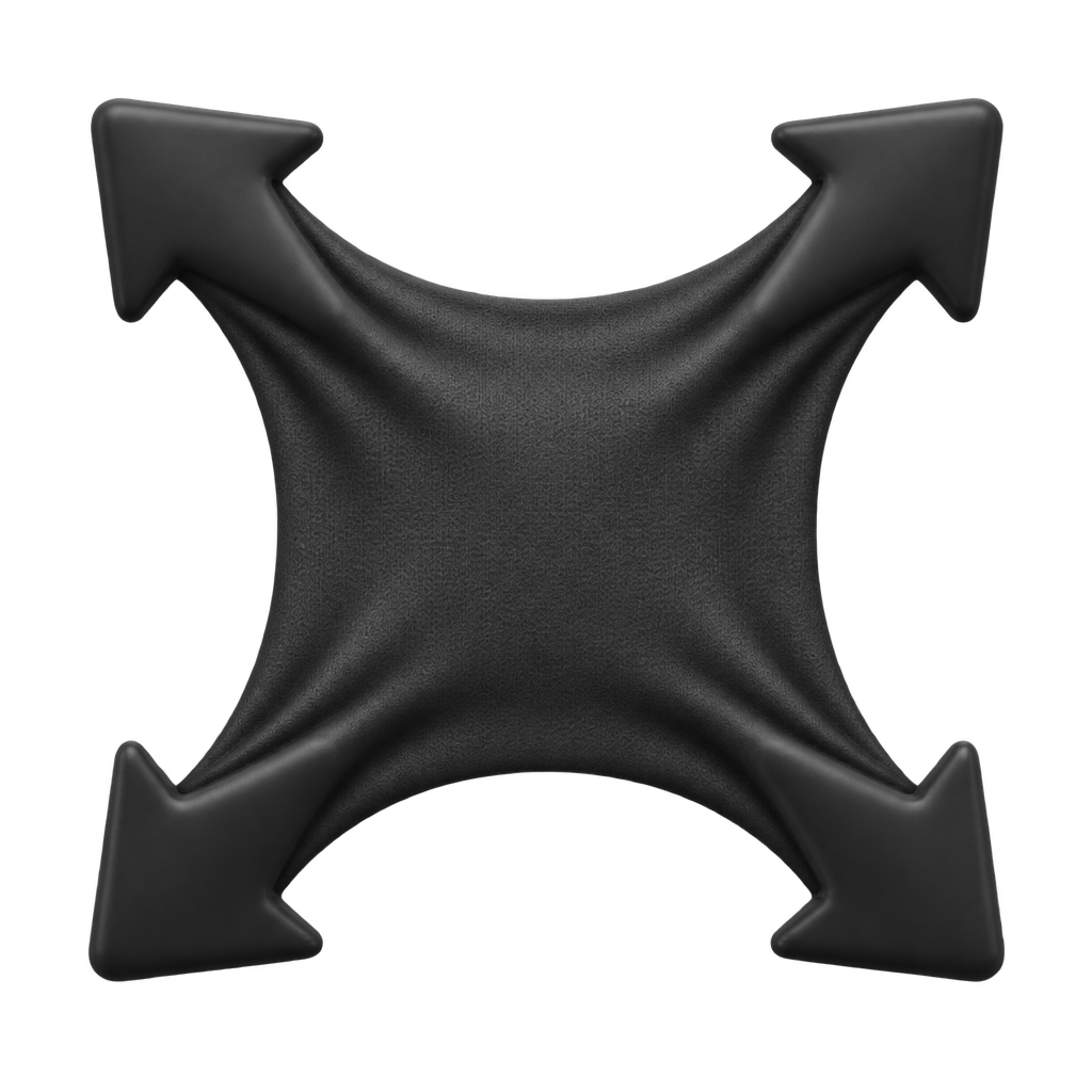 Illustration of black fabric pulled outward by four diagonal arrows.