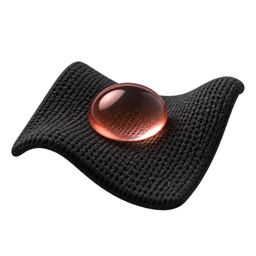 Illustration of a red-tinted water droplet resting on a folded black knit swatch.