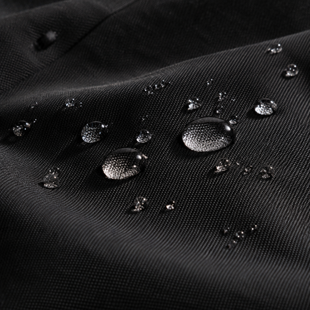 Illustrative close-up of water droplets beading on black fabric.