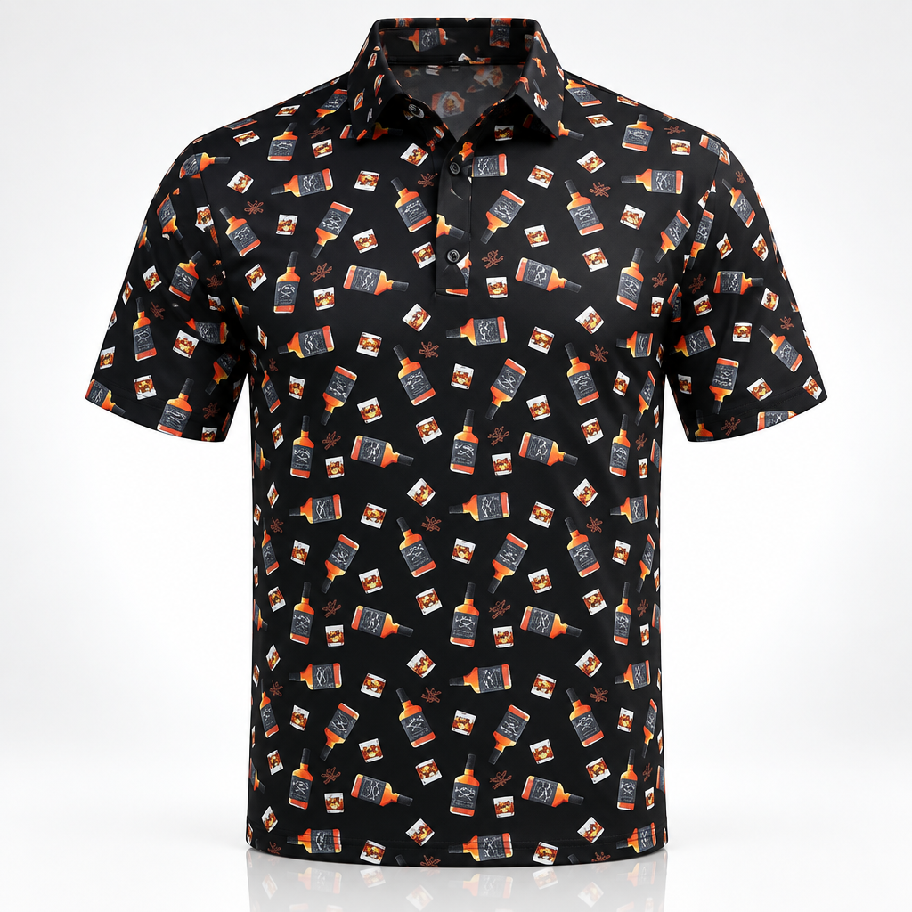 Black whiskey-glass-print golf polo displayed on a white background.