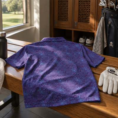 Tattoo Golf Hazard purple and blue golf polo laid on a wooden locker-room bench beside a white golf glove.