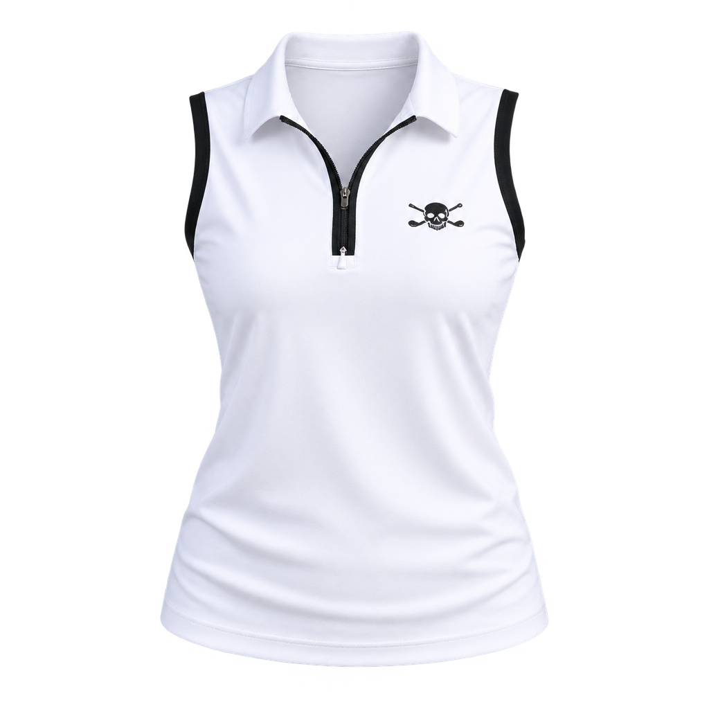 Front view of a white sleeveless quarter-zip polo with black trim and skull chest logo.