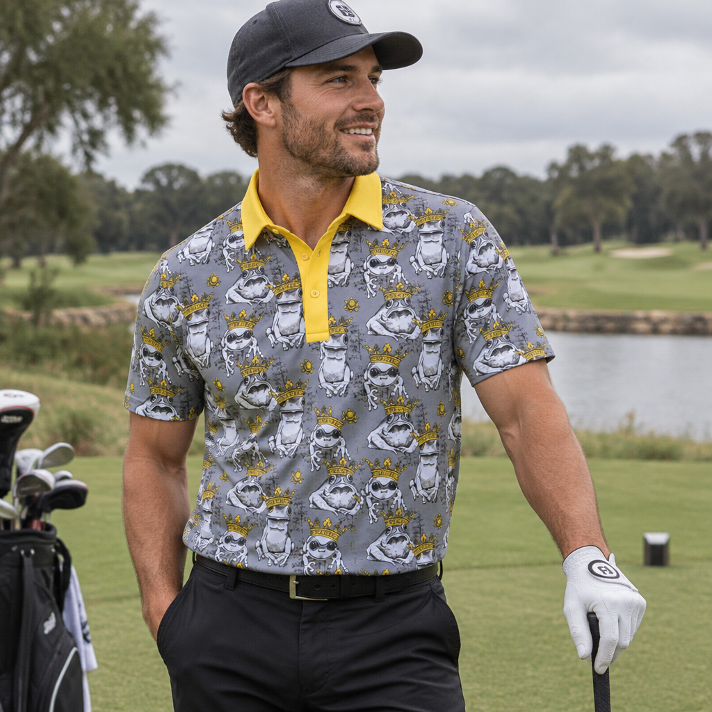 Golfer wearing a grey bulldog-print polo with a yellow collar and black trousers.