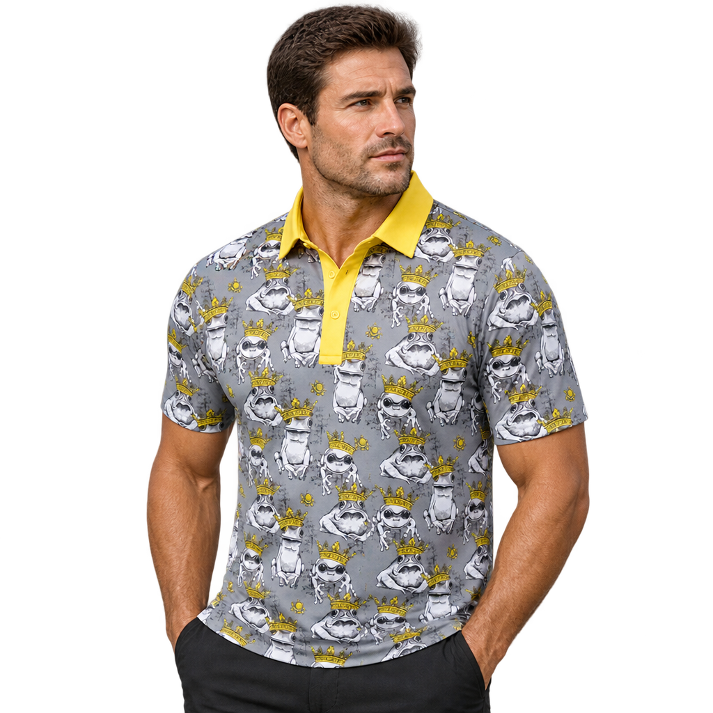 Man wearing a grey cartoon-bulldog polo with a yellow collar and placket.