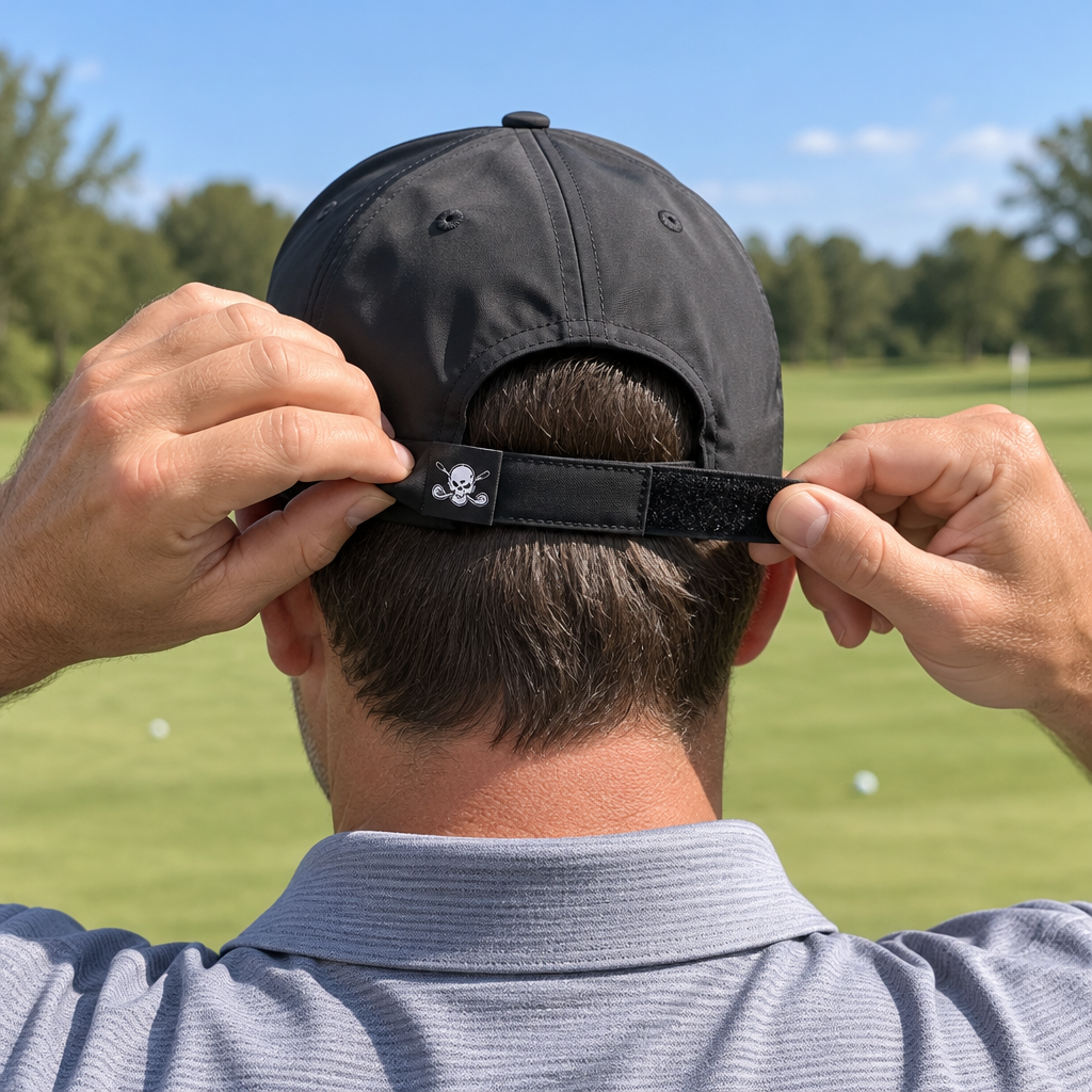 Rear view of a man adjusting a black cap's strap.