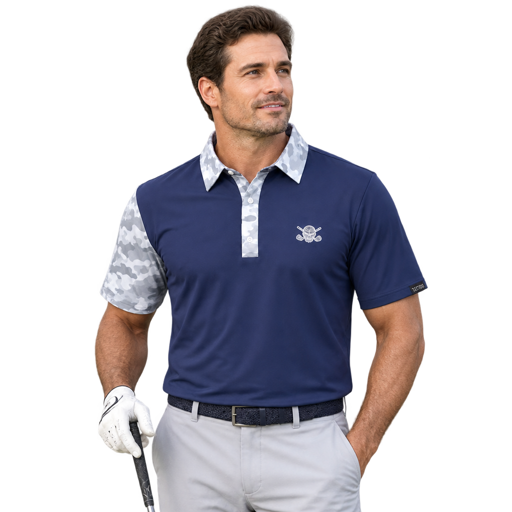 Golfer wearing a navy VIP polo with white and grey camouflage accents, light trousers and a white glove.